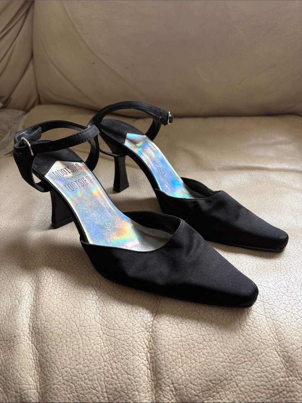 Mootsies Tootsies Black Satin Ankle-Strap Pointed Heels